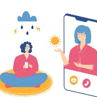 An illustration of a woman with clouds over her head, talking with a therapist on the phone, representing Telehealth Counseling in Washington IL