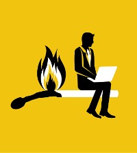 An illustration of a man sitting on a match that's burning, representing burnout