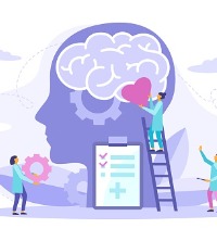 An illustration representing the work done by Counselors for East Peoria IL, featuring counselors placing a heart and gears into a person's brain