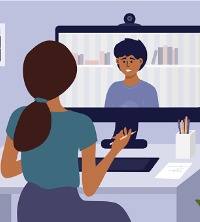 Illustration of woman talking to therapist via video chat during Peoria Telehealth Counseling