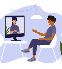 An illustration of a man talking with their counselor online during Peoria Telehealth Therapy