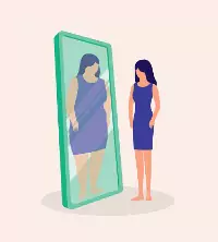 An illustration of a skinny woman looking in a mirror and seeing a large woman in the reflection