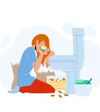 A woman binge eating in front of a toilet, habits associated with bulimia